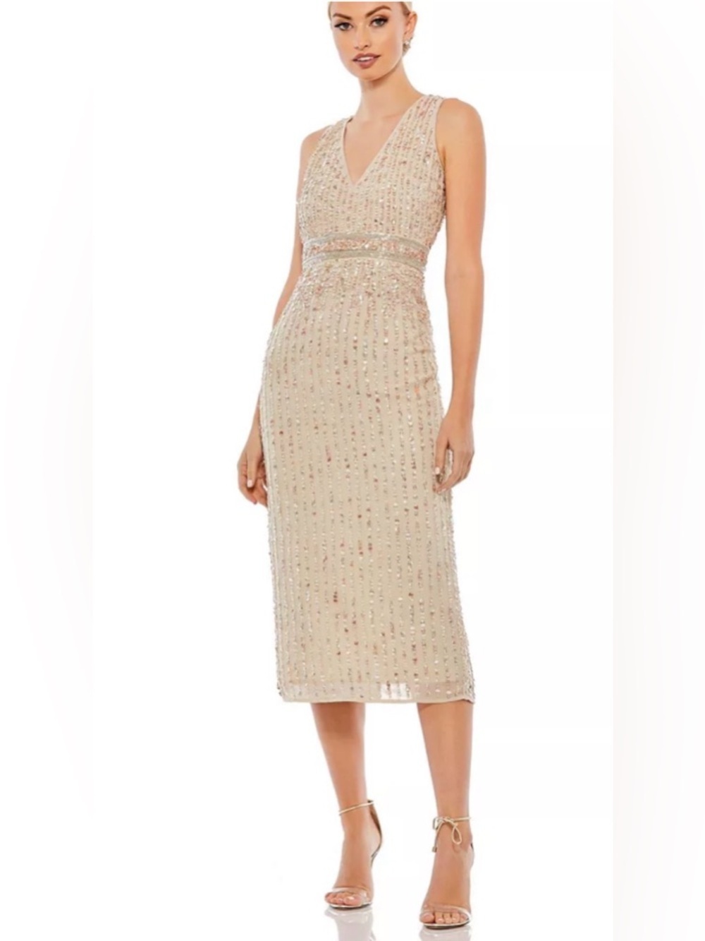 Mac Duggal
Women's Sequined Sleeveless V-Neck Midi Sheath Dress size 4 NWT